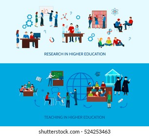 University learning horizontal banners with  studying students and search of information in flat style vector illustration