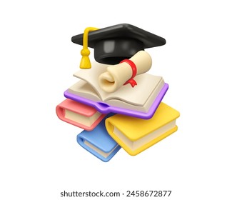 University learning vector 3d icon. Graduation hat with diploma scroll and opened book, higher education promotion concept. Study online, certified course