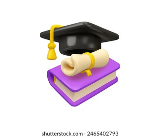 University learning vector 3d icon. Study online, certified course concept. Graduation hat with diploma scroll and closed book, higher education promotion render illustration.