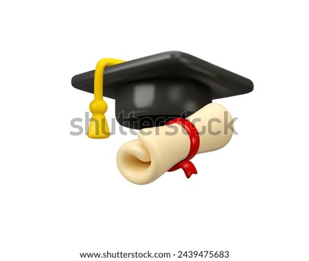 University learning vector 3d icon. Graduate hat with diploma scroll and opened book, higher education promotion concept. Study online, certified course