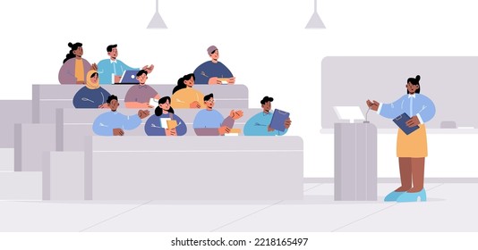 University lecture hall with teacher at pulpit and multiracial students. Concept of education, public seminar, international conference. Vector flat illustration of classroom with speaker and audience