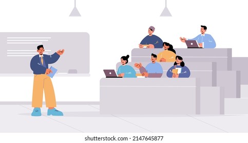 University lecture hall with teacher and students sitting at desks. Concept of education, conference, public seminar. Vector flat illustration of speaker and audience in college classroom