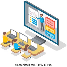 University lecture with instructor and students. Man teacher conducts a lecture remotely online use charts and teaching statistical analysis. Business trainer explaining presentation on laptop screen