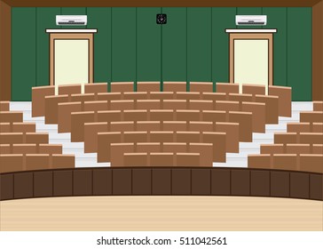 University Lecture Main Hall With A Large Seating Capacity, Lecture Room Interior Building Flat Design Vector Illustration.