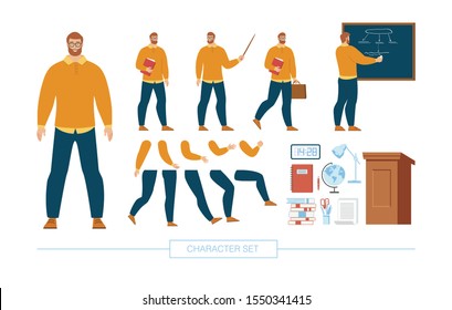 University Lecturer, School Teacher Character Constructor Trendy Flat Vector Isolated Design Elements Set. College Tutor Various Poses, Body Parts, Face Expressions Education Accessories Illustration