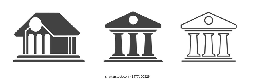 University library or bank building silhouette 3d icon vector graphic set, museum institute or government court house sign symbol pictogram simple minimal, solid line stroke outline monochrome image