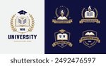 University, library, school, academy logo set with open book, graduation hat and torch icons in classic style. Education emblem or label design collection.