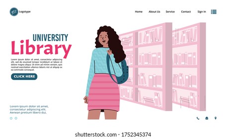 Plantilla de página web de la biblioteca universitaria con personaje de dibujos animados estudiantiles frente a estanterías, ilustración vectorial plana sobre fondo blanco.