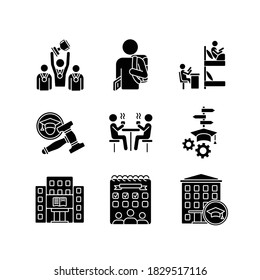 University Life Black Glyph Icons Set On White Space. Freshmen Life And Activities. College Education. Students Residence Hall. Silhouette Symbols. Vector Isolated Illustration