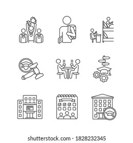 University life pixel perfect linear icons set. Freshmen life and activities. College education. Students residence hall. Customizable thin line contour symbols. Isolated vector outline illustrations