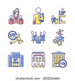 University life RGB color icons set. Freshmen life and activities. College education. Library and dormitory. Dining hall. Students residence hall. Isolated vector illustrations