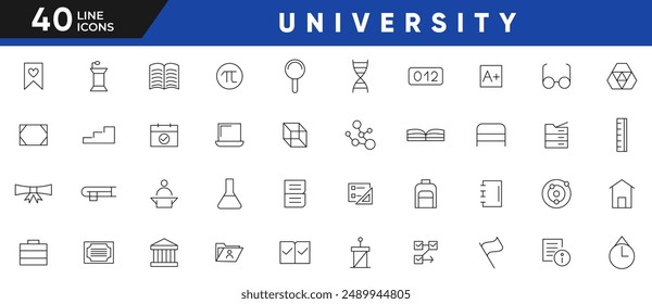 University line icon set. Education, e-learning, school, subjects, science, online learning, college, training, idea, teacher, file, graduation hat, institute outline icon collection. UI thin icon.