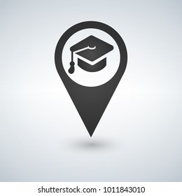 University location icon. Drop shadow map pointer silhouette symbol. Student s hat pinpoint. College nearby. Vector isolated illustration