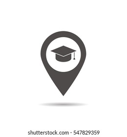 University location icon. Drop shadow map pointer silhouette symbol. Student's hat pinpoint. College nearby. Vector isolated illustration