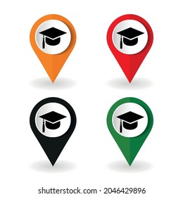University location icon. Map pointer silhouette symbol. Student's hat pinpoint. College nearby. Vector illustration.