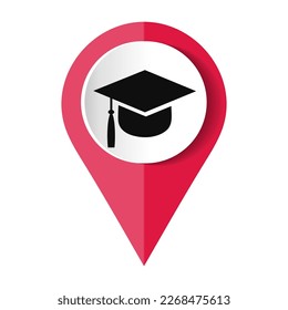 University location icon. Map pointer silhouette symbol. Student's hat pinpoint. College nearby. Vector illustration.