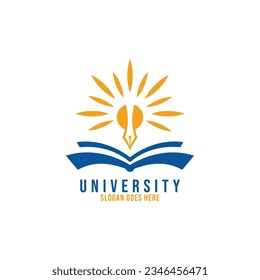 Logo universitario con libro, sol y logo vectorial. Concepto de diseño de plantillas de logotipo educativo.