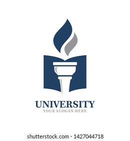University logo concept with torch and book element vector illustration