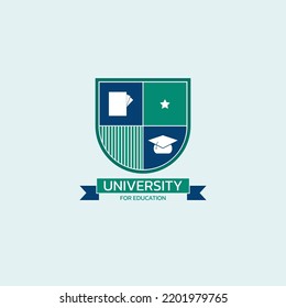 University logo with four patterns especially toga hat and book.