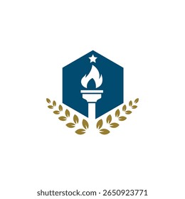 university logo with hexagonal shape with torch and rice icon in flat design