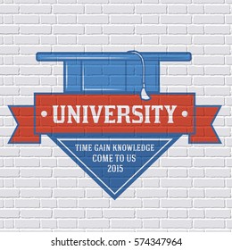University logo or label template  with blurred background on brick wall. Vector illustration with shape a ribbon isolated icons for your product or design, web and mobile applications with text.