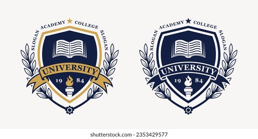 University logo shield emblem badge template vector design illustration in gold and blue color