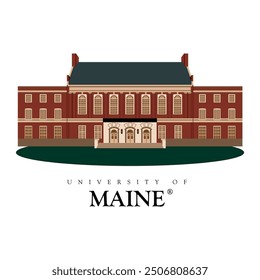 University of maine main architecture building illustration in red and white color, big building of multicolor american university, flat illustration of Maine university