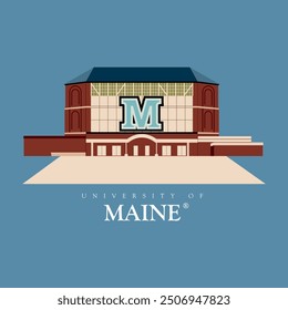 University of Maine main building illustration, florida design of football stadium, american university maine building clipart for print on shirts and caps, custom design, editorial effects