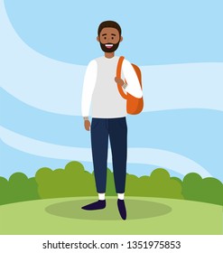 university man with beard and backpack to study