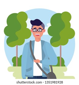 university man with glasses and trees with bushes