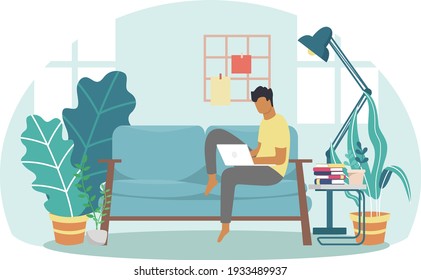 Ein Student an der Universität studiert von zu Hause bis zum Online-Laptop-Computer in minimalem Vektordesign. Arbeiten aus der Studie über Online-Videokonferenzen aufgrund des Covid19-Ausbruchs