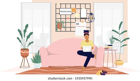 Un hombre universitario estudia desde casa a través de una computadora portátil en línea con un diseño vectorial mínimo. Trabajo del estudio de videoconferencia en línea casera debido al brote de covid19