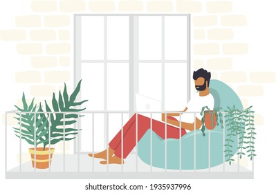 An university man study from home through online laptop computer in minimal vector design. Work from home-online video conference study due to the covid19 outbreak. balcony working-studying