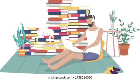 Un hombre universitario estudia desde casa a través de una computadora portátil en línea con un diseño vectorial mínimo. Trabajo del estudio de videoconferencia en línea casera debido al brote de covid19