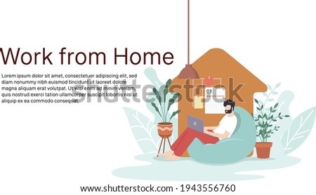 An university man study from home through online laptop computer in minimal vector design. Work from home-online video conference study due to the covid19 outbreak