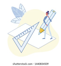 University Maths Lesson Flat Vector Illustration. Pupil Doing School Homework Metaphor. Girl Holding Pencil and Ruler Character. Technical Drawing Subject. Student Making Draft, Blueprint