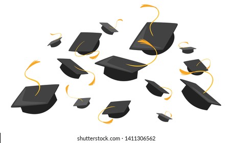 University mortarboards throwing tradition flat illustration. College, school graduation ceremony. Academic hats with tassels. Higher education, bachelor, master degree. Commencement, grad celebration