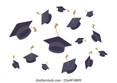 University mortarboards throwing tradition flat illustration. College, school graduation ceremony. Academic hats with tassels. Higher education, bachelor, master degree. Commencement, grad celebration