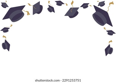 University mortarboards  and word GRADUATION throwing tradition fla illustration. College, school graduation ceremony. Academic hats with tassels. Higher education, bachelor, master degree