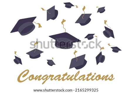 University mortarboards  and word GRADUATION throwing tradition illustration. College, school graduation ceremony. Academic hats with tassels. Higher education, bachelor, master degree.