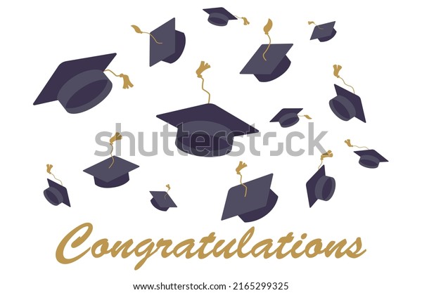 University\
mortarboards  and word GRADUATION throwing tradition illustration.\
College, school graduation ceremony. Academic hats with tassels.\
Higher education, bachelor, master\
degree.