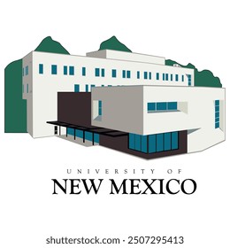university of new mexico main architectural building illustration with mountains behind it, print ready file for rubber stamp sticker template, new mexico university america, insignia peeler