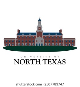 Ilustración del edificio principal de la Universidad del norte de Texas con diseño simétrico e impresión de eps y archivo de Vector para zapatos y camisas. Edificio arquitectónico de la universidad del norte de Texas con césped en frente