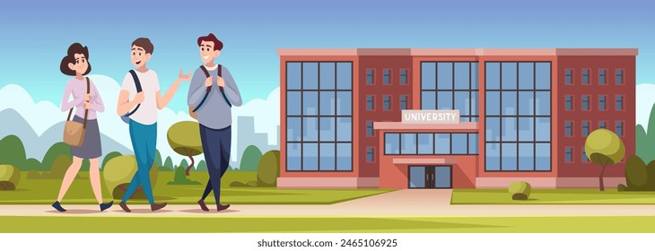 University outdoor. Student spent time relaxing walking reading books and communicate exact vector cartoon background