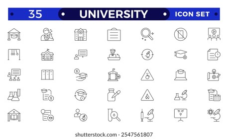 Conjunto de colección de icono de esquema de la universidad. Contiene educación, investigación, académico, grado, disciplina, licenciatura, posgrado, conocimiento, universidad, lista de tareas, instituto, Regla e ícono de telescopio. 
