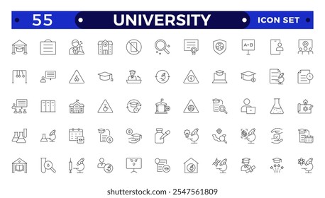 Conjunto de colección de icono de esquema de la universidad. Contiene educación, investigación, académico, grado, disciplina, licenciatura, posgrado, conocimiento, universidad, lista de tareas, instituto, Regla e ícono de telescopio. 
