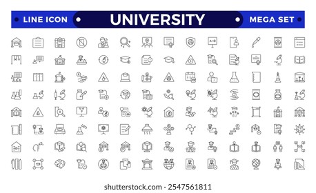 Conjunto de colección de icono de esquema de la universidad. Contiene educación, investigación, académico, grado, disciplina, licenciatura, posgrado, conocimiento, universidad, lista de tareas, instituto, Regla e ícono de telescopio. 
