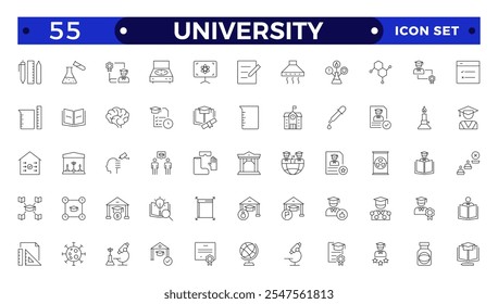 Conjunto de colección de icono de esquema de la universidad. Contiene educación, investigación, académico, grado, disciplina, licenciatura, posgrado, conocimiento, universidad, lista de tareas, instituto, Regla e ícono de telescopio. 
