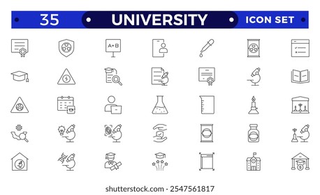 Conjunto de colección de icono de esquema de la universidad. Contiene educación, investigación, académico, grado, disciplina, licenciatura, posgrado, conocimiento, universidad, lista de tareas, instituto, Regla e ícono de telescopio. 
