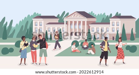 University park. Young people groups walking with books in student campus. Cartoon cityscape with college building. Happy guys and girls study and communicate in yard. Vector concept